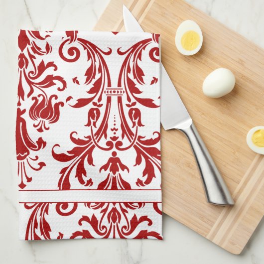 Rotweiße Wirbel Damask Monogramm Geschirrtuch (Viertel Falte)