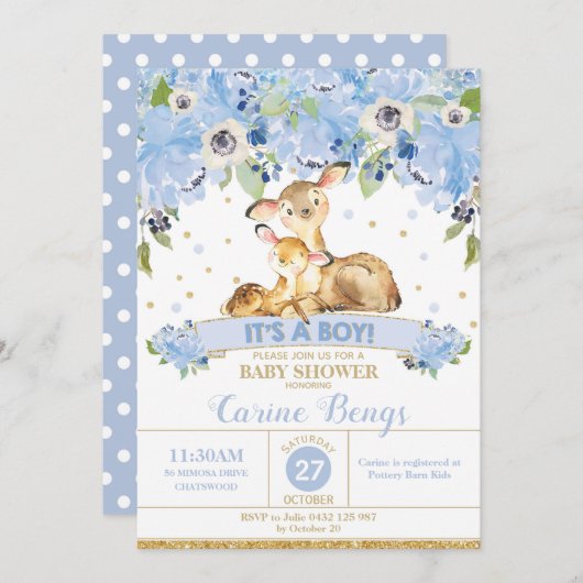 Rotwild-BlumenBabyparty-Einladungs-Junge Einladung (Vorne/Hinten)