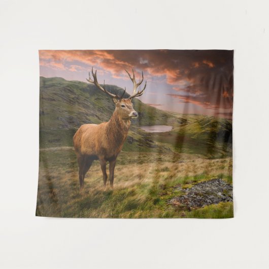 Rotwild in einer dramatischen Berglandschaft Wandteppich (Vorderseite (Horizontal))