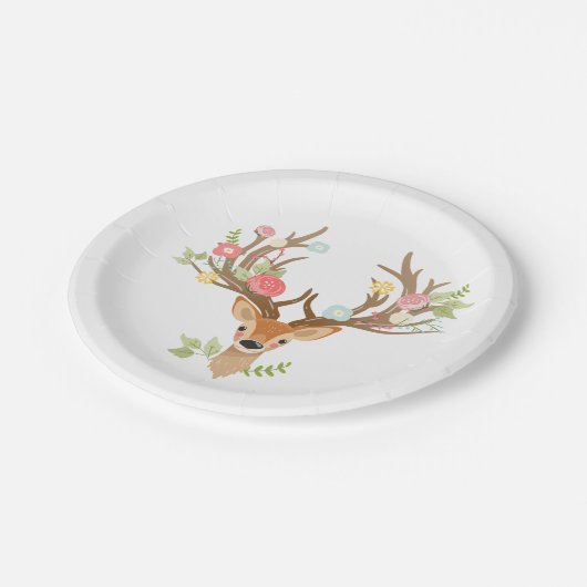 Rotwild-PapierTeller-Babydusche Waldgeweihe Pappteller (Schrägansicht)