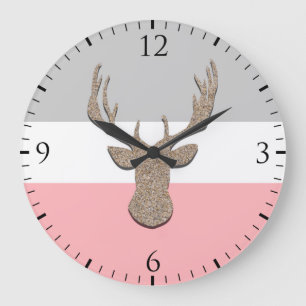 Rotwild-Silhouette, Hirsch auf Blauem und Grauem Große Wanduhr