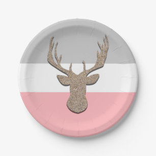 Rotwild-Silhouette, Hirsch auf Blauem und Grauem Pappteller