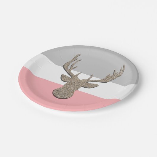 Rotwild-Silhouette, Hirsch auf Blauem und Grauem Pappteller (Schrägansicht)