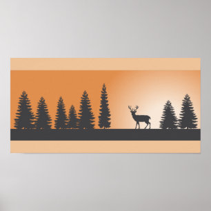 Rotwild-und Kiefern-Baum-Silhouette-Plakat Poster