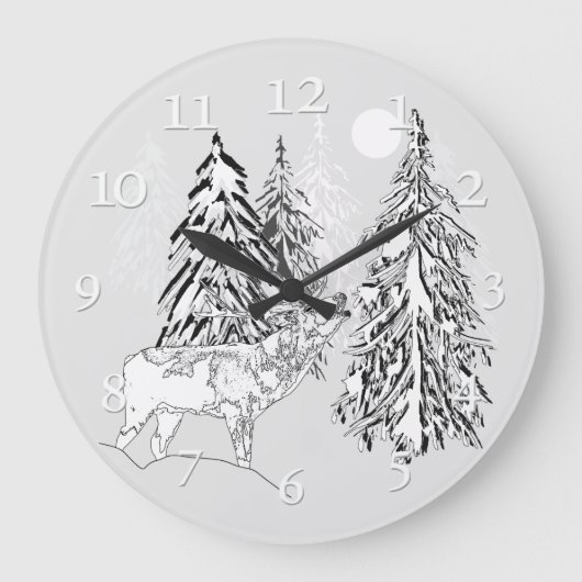 Rotwild, Winter, Wald, Weihnachtsbäume, einfarbig Große Wanduhr (Vorderseite)