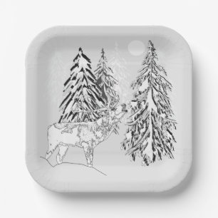 Rotwild, Winter, Wald, Weihnachtsbäume, einfarbig Pappteller