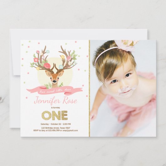 Rotwildgeburtstag laden Geweih-Waldgoldrosa ein Einladung (Vorderseite)