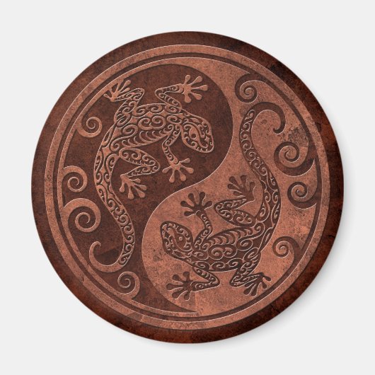 Rough Brown Stone Yin Yang Geckos Magnet (Vorne)