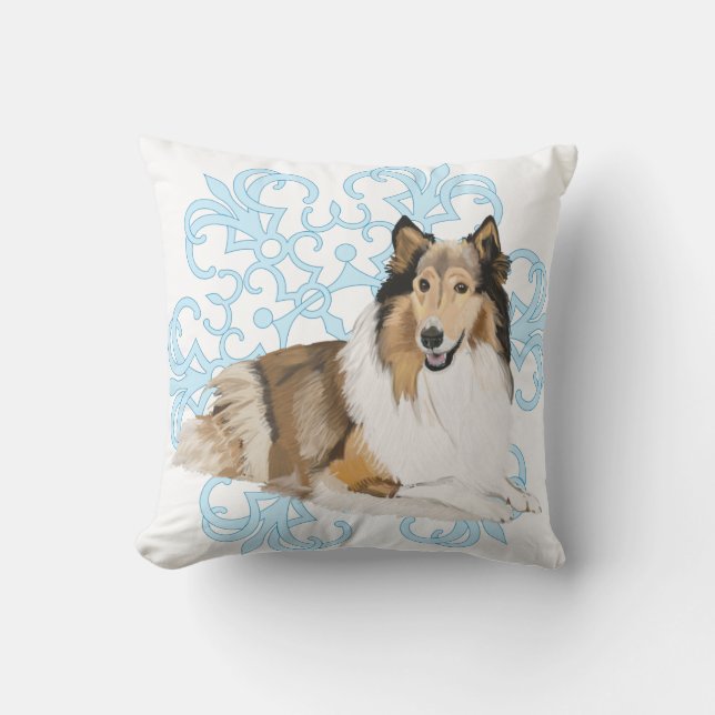 Rough Collie auf blauem Schneeflocken Kissen (Vorderseite)