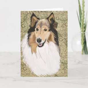 Rough Collie auf braunem, blumigen Hintergrund  Karte