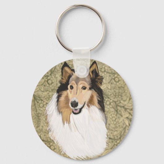 Rough Collie auf braunem blumigen Hintergrund Schlüsselanhänger (Vorderseite)
