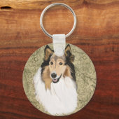 Rough Collie auf braunem blumigen Hintergrund Schlüsselanhänger (Vorderseite)