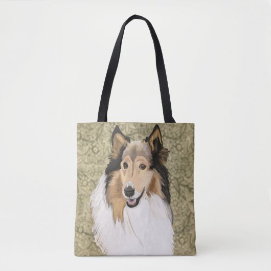 Rough Collie auf braunem blumigen Hintergrund Tasche (Vorderseite)