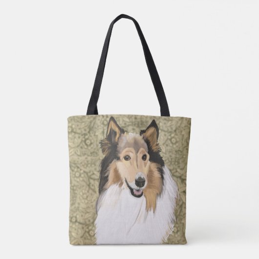 Rough Collie auf braunem blumigen Hintergrund Tasche (Rückseite)