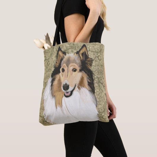 Rough Collie auf braunem blumigen Hintergrund Tasche (Von Nahem)
