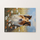Rough Collie auf dem Gebiet der Blume Puzzle (Horizontal)