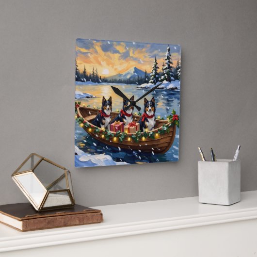 Rough Collie Christmas Boat Holiday Quadratische Wanduhr (Büro)