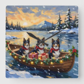Rough Collie Christmas Boat Holiday Quadratische Wanduhr (Vorderseite)