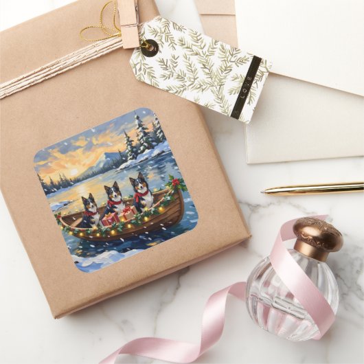 Rough Collie Christmas Boat Holiday Quadratischer Aufkleber (Schenken)