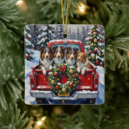 Rough Collie Christmas Red Truck Holiday Keramikornament (Baum)