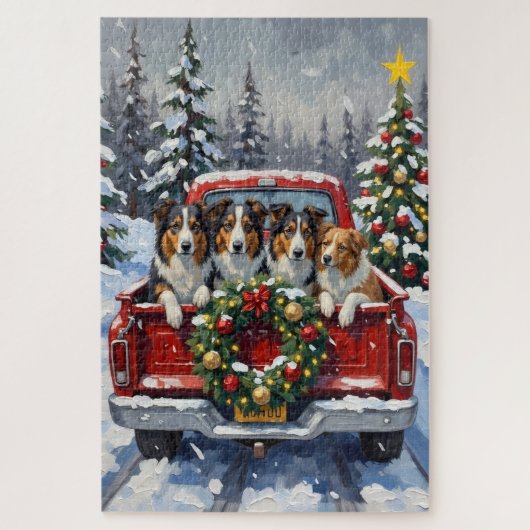 Rough Collie Christmas Red Truck Holiday Puzzle (Vertikal)