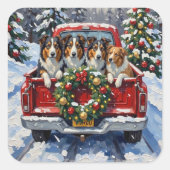 Rough Collie Christmas Red Truck Holiday Quadratischer Aufkleber (Vorderseite)