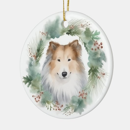 Rough Collie Christmas Wreath Keramik Ornament (Links)