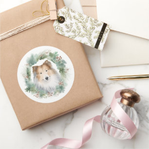 Rough Collie Christmas Wreath Runder Aufkleber