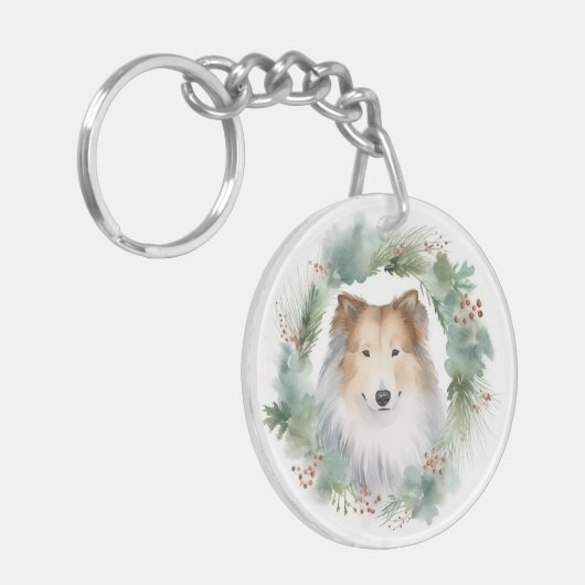 Rough Collie Christmas Wreath Schlüsselanhänger (Vorderseite links)