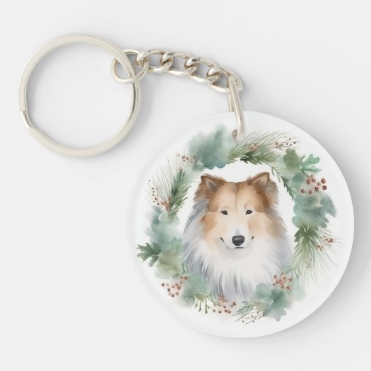 Rough Collie Christmas Wreath Schlüsselanhänger (Vorderseite)