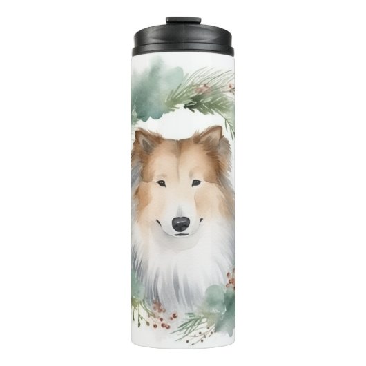 Rough Collie Christmas Wreath Thermosbecher (Vorderseite)