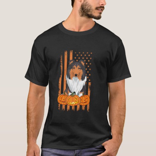 Rough Collie Dog American Flag Patriotic Halloween T-Shirt (Vorderseite)