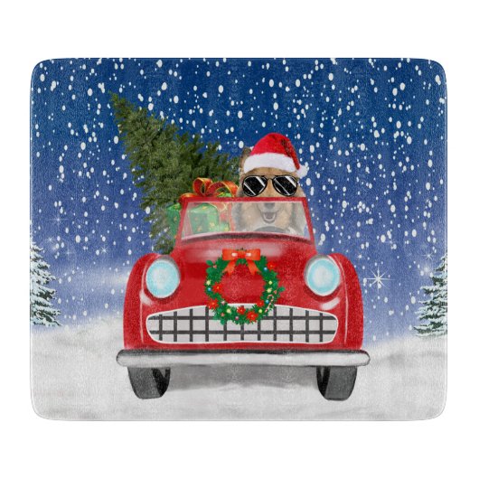 Rough Collie Dog Autofahren Auto in Schnee Weihnac Schneidebrett (Vorderseite)