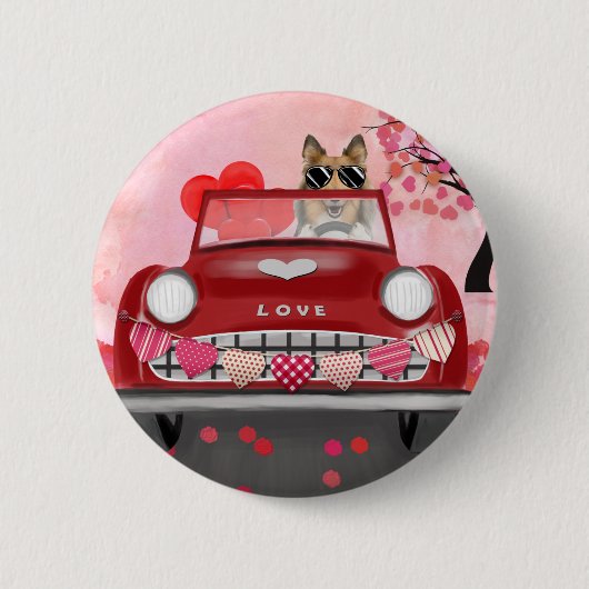 Rough Collie Dog Car mit Herzvalentiner Button (Vorderseite)