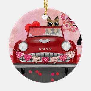 Rough Collie Dog Car mit Herzvalentiner Keramik Ornament