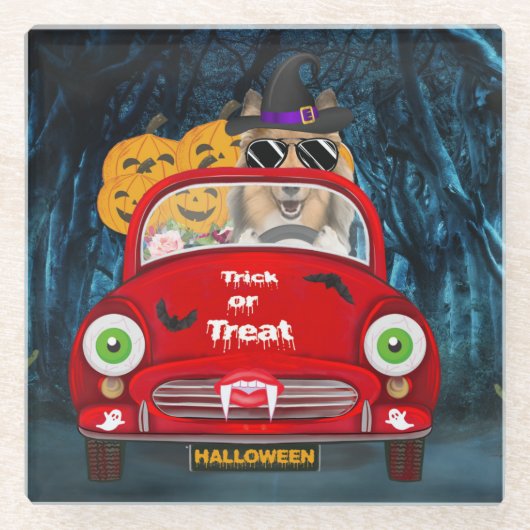 Rough Collie Dog Driving Car Beängstigend Hallowee Glasuntersetzer (Vorderseite)