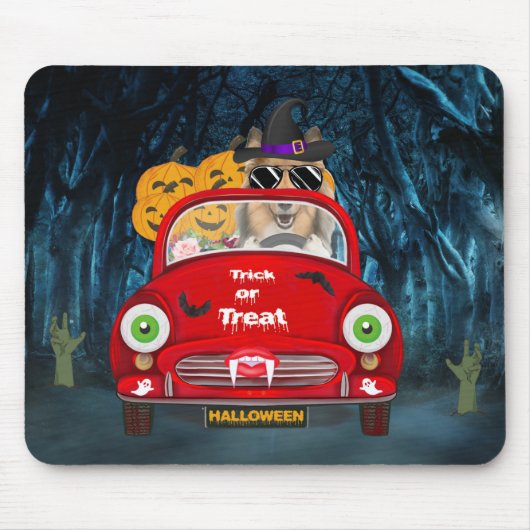Rough Collie Dog Driving Car Beängstigend Hallowee Mousepad (Vorne)
