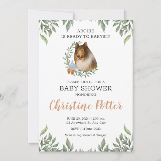 Rough Collie Dog Greenery Boho Baby Shower Einladung (Vorderseite)