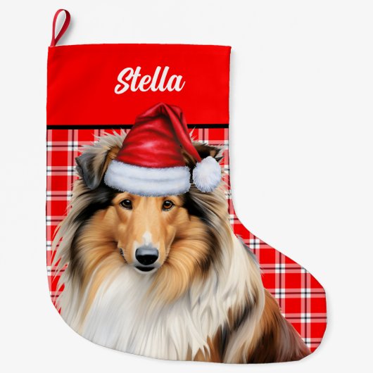 Rough Collie Dog Holiday Red Kariert Personalisier Großer Weihnachtsstrumpf (Vorderseite)