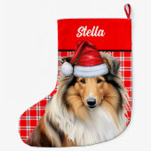 Rough Collie Dog Holiday Red Kariert Personalisier Großer Weihnachtsstrumpf (Rückseite)