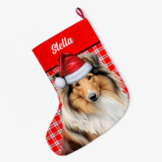Rough Collie Dog Holiday Red Kariert Personalisier Großer Weihnachtsstrumpf (Rückseite (Hängend))