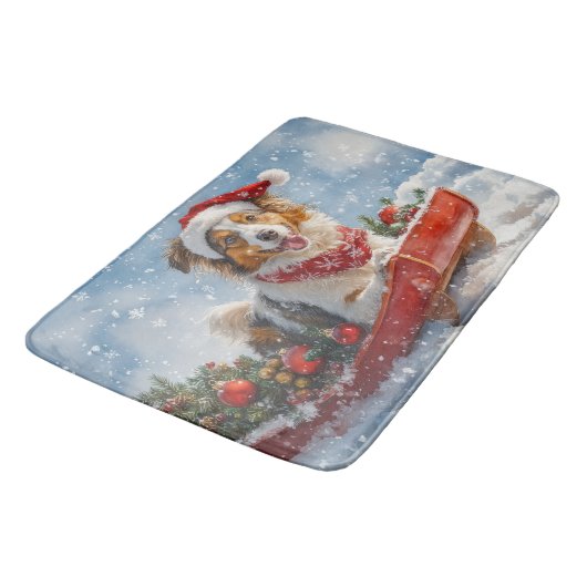 Rough Collie Dog in Sledge Let it Snow Christmas Badematte (Schrägansicht)