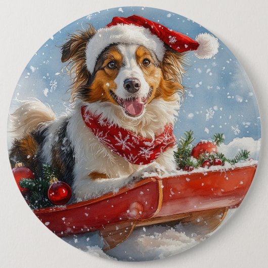 Rough Collie Dog in Sledge Let it Snow Christmas Button (Vorderseite)