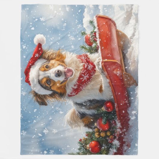Rough Collie Dog in Sledge Let it Snow Christmas Fleecedecke (Vorderseite)