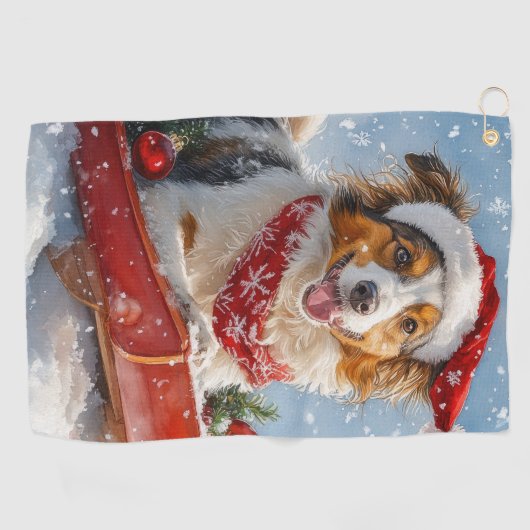 Rough Collie Dog in Sledge Let it Snow Christmas Golfhandtuch (Horizontal)