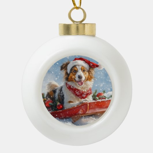 Rough Collie Dog in Sledge Let it Snow Christmas Keramik Kugel-Ornament (Vorderseite)