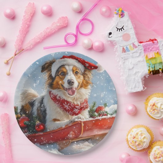 Rough Collie Dog in Sledge Let it Snow Christmas Pappteller (Party)
