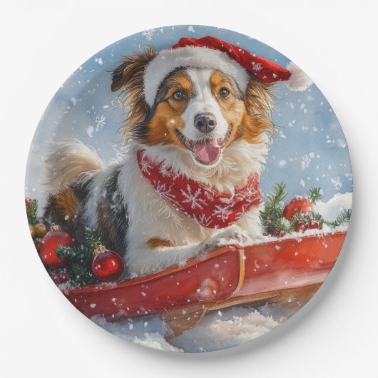 Rough Collie Dog in Sledge Let it Snow Christmas Pappteller (Vorderseite)