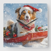 Rough Collie Dog in Sledge Let it Snow Christmas Quadratische Wanduhr (Vorderseite)