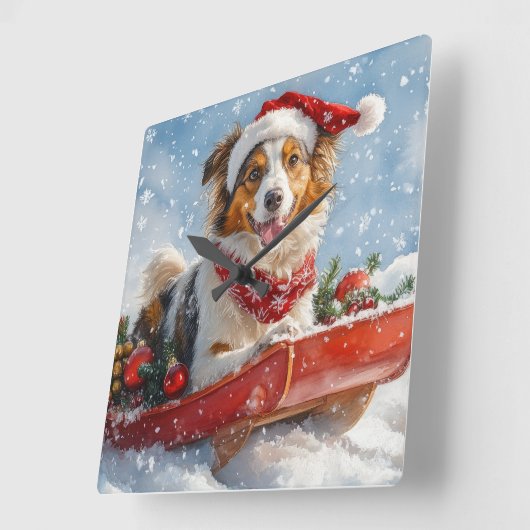 Rough Collie Dog in Sledge Let it Snow Christmas Quadratische Wanduhr (Winkel)